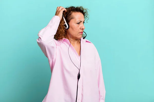 Pretty Middle Age Woman Smiling Happily Daydreaming Doubting Headset Telemarketing — Stock Photo, Image