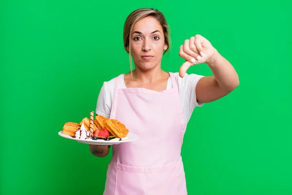 Pretty Blonde Woman Feeling Cross Showing Thumbs Home Made Waffles — Stock Photo, Image