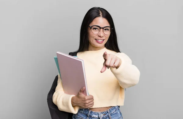 Hispanic Pretty Woman Pointing Camera Choosing You University Student Concept — Foto Stock