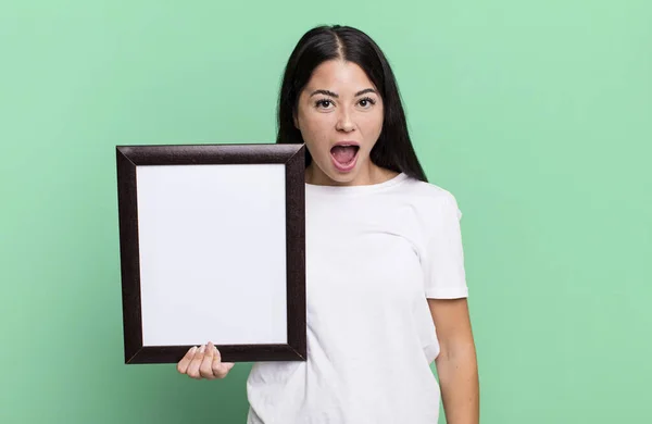 Hispanic Pretty Woman Looking Very Shocked Surprised Empty Blank Frame — Foto Stock