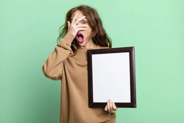 Hispanic Pretty Woman Looking Shocked Scared Terrified Covering Face Hand — Stockfoto