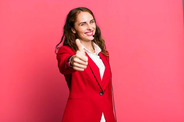 Hispanic Pretty Woman Feeling Proud Smiling Positively Thumbs Telemarketing Concept — Stock Photo, Image