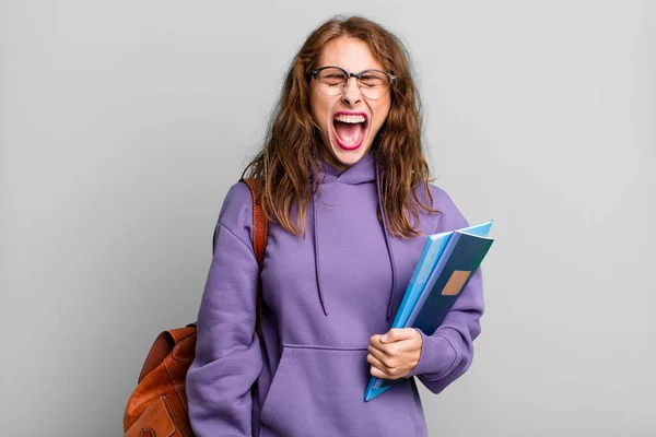 Hispanic Pretty Woman Shouting Aggressively Looking Very Angry University Student — Stockfoto