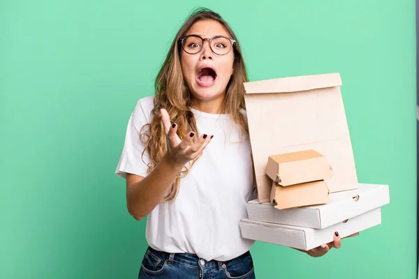 Hispanic Pretty Woman Looking Desperate Frustrated Stressed Fast Food Packages — Stock Photo, Image