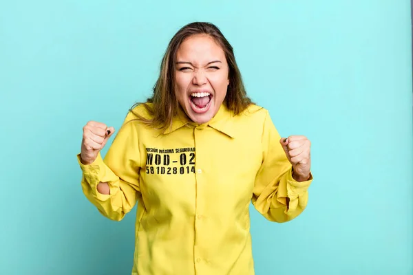 Hispanic Pretty Woman Shouting Aggressively Angry Expression Guilt Concept — Stockfoto