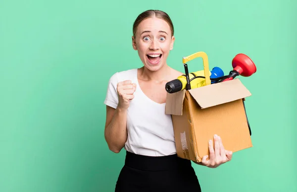 Caucasian Pretty Woman Feeling Shocked Laughing Celebrating Success Tool Box — Stok fotoğraf