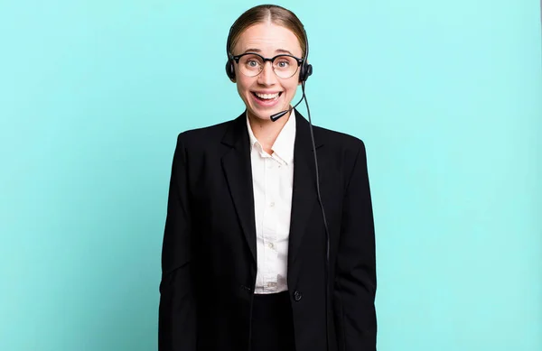 Caucasian Pretty Woman Looking Happy Pleasantly Surprised Telemarketing Concept — Stock Photo, Image
