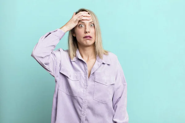 Blonde Adult Woman Panicking Forgotten Deadline Feeling Stressed Having Cover — Stockfoto