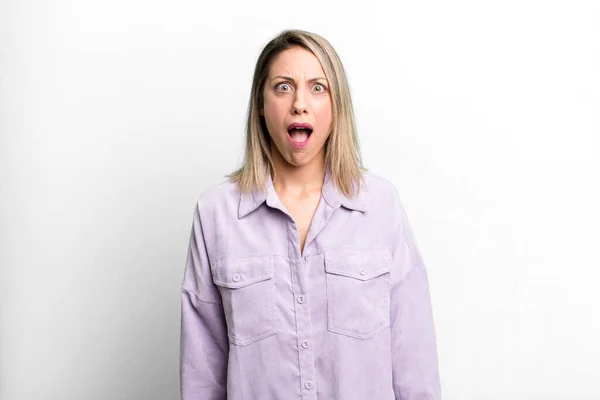 Blonde Adult Woman Feeling Terrified Shocked Mouth Wide Open Surprise — Stockfoto