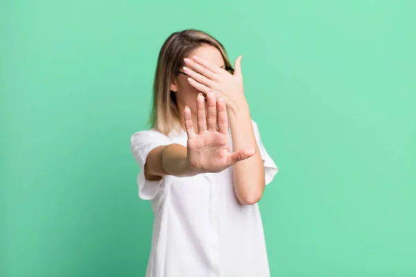 Blonde Adult Woman Covering Face Hand Putting Other Hand Front — Stock Photo, Image