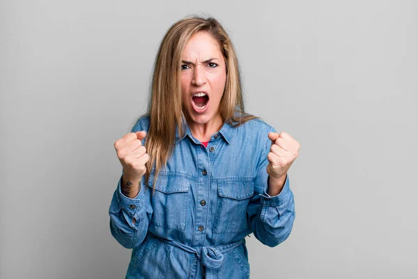 Blonde Adult Woman Shouting Aggressively Annoyed Frustrated Angry Look Tight — Photo