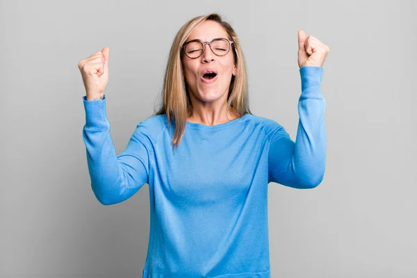 Blonde Adult Woman Celebrating Unbelievable Success Winner Looking Excited Happy — Photo