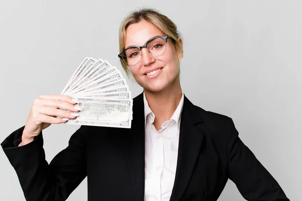 Pretty Caucasian Businesswoman Dollar Banknotes — Photo