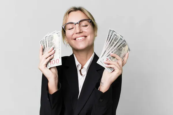 Pretty Caucasian Businesswoman Dollar Banknotes — Photo