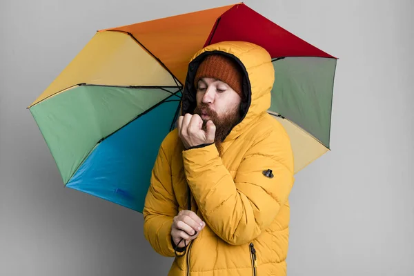 Long Beard Red Hair Cool Man Umbrella Hat Coat Clod — Stock Photo, Image