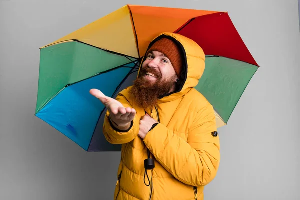 Long Beard Red Hair Cool Man Umbrella Hat Coat Clod — Stock Photo, Image