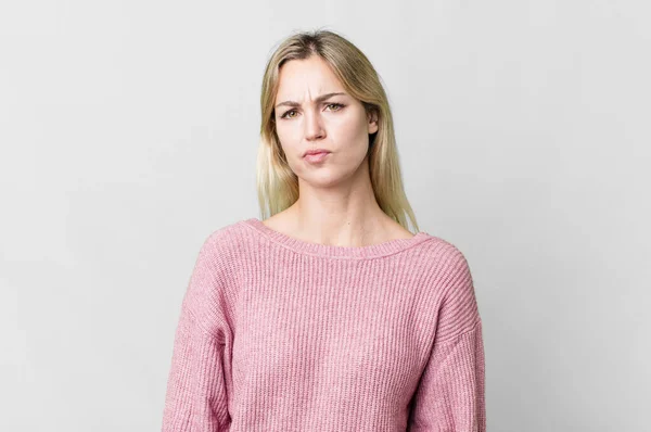 Caucasian Blonde Woman Feeling Sad Upset Angry Looking Side — Stockfoto