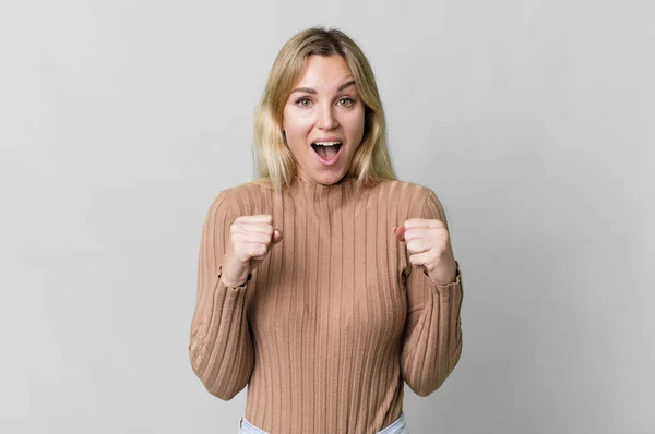 Caucasian Blonde Woman Feeling Shocked Laughing Celebrating Success — Photo