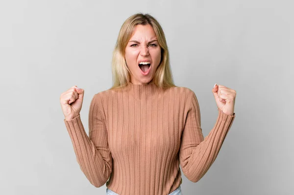 Caucasian Blonde Woman Shouting Aggressively Angry Expression — Photo