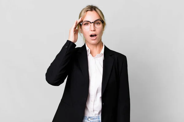 Caucasian Blonde Woman Looking Happy Astonished Surprised Business Concept — Foto Stock