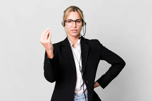 Caucasian Blonde Woman Making Capice Money Gesture Telling You Pay — Stockfoto