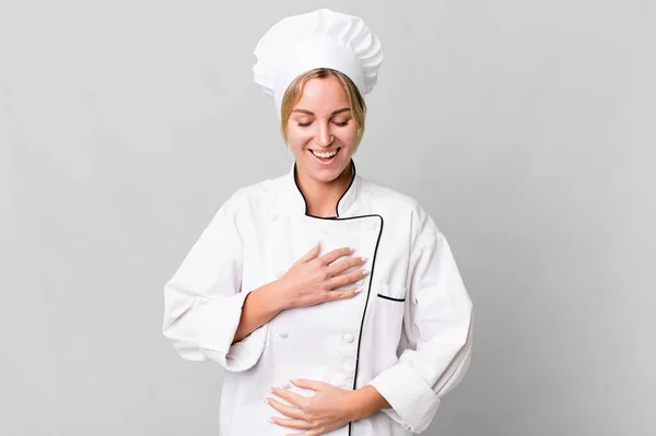 Caucasian Blonde Woman Laughing Out Loud Some Hilarious Joke Chef — Zdjęcie stockowe