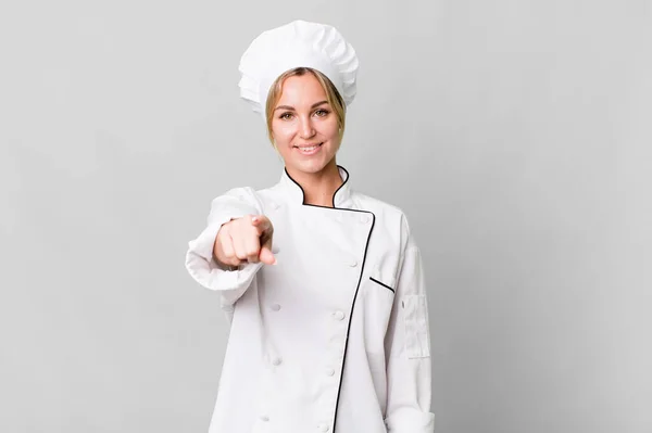 Caucasian Blonde Woman Pointing Camera Choosing You Chef Concept — Zdjęcie stockowe