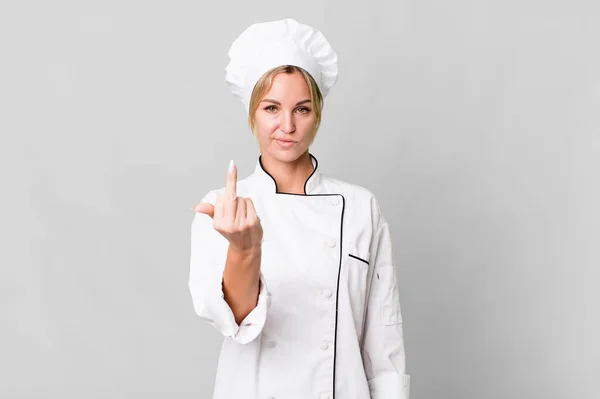 Caucasian Blonde Woman Feeling Angry Annoyed Rebellious Aggressive Chef Concept — Zdjęcie stockowe