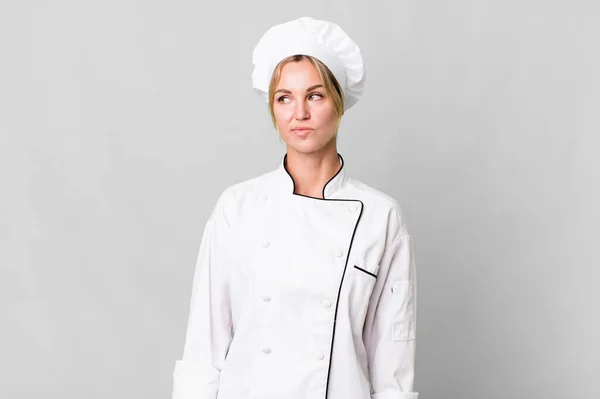 Caucasian Blonde Woman Feeling Sad Upset Angry Looking Side Chef — Zdjęcie stockowe