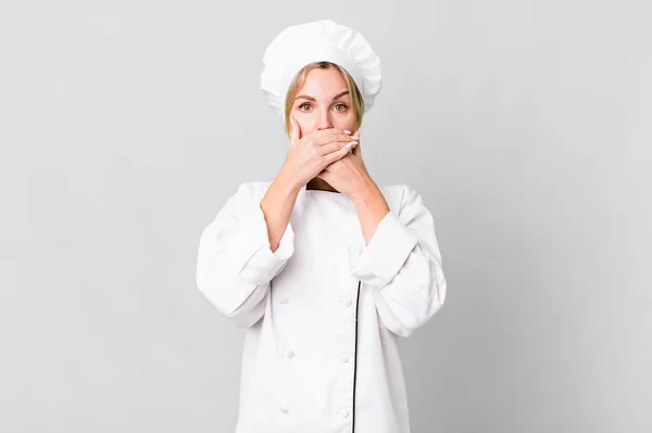Caucasian Blonde Woman Covering Mouth Hands Shocked Chef Concept — Zdjęcie stockowe
