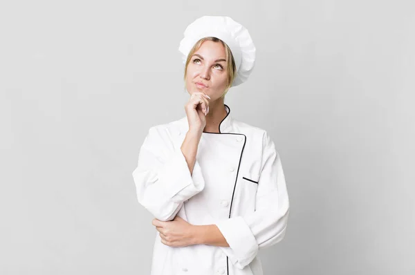 Caucasian Blonde Woman Thinking Feeling Doubtful Confused Chef Concept — Zdjęcie stockowe