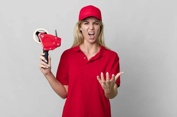 Caucasian Blonde Woman Looking Angry Annoyed Frustrated Shipping Packer Concept — Stockfoto
