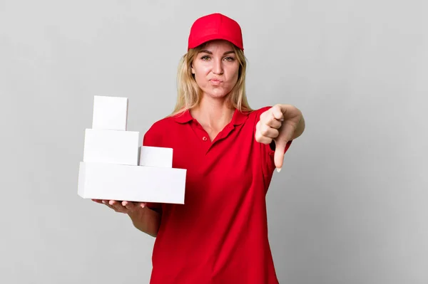 Caucasian Blonde Woman Feeling Cross Showing Thumbs Delivery Boxes — Stockfoto