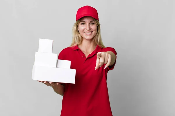 Caucasian Blonde Woman Pointing Camera Choosing You Delivery Boxes — Stockfoto