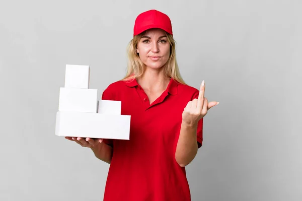 Caucasian Blonde Woman Feeling Angry Annoyed Rebellious Aggressive Delivery Boxes — Stok fotoğraf