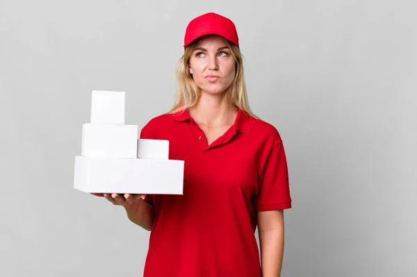 Caucasian Blonde Woman Feeling Sad Upset Angry Looking Side Delivery — Stockfoto