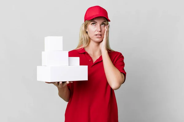 Caucasian Blonde Woman Feeling Bored Frustrated Sleepy Tiresome Delivery Boxes — Stok fotoğraf