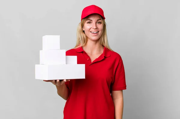 Caucasian Blonde Woman Looking Happy Pleasantly Surprised Delivery Boxes — Stok fotoğraf
