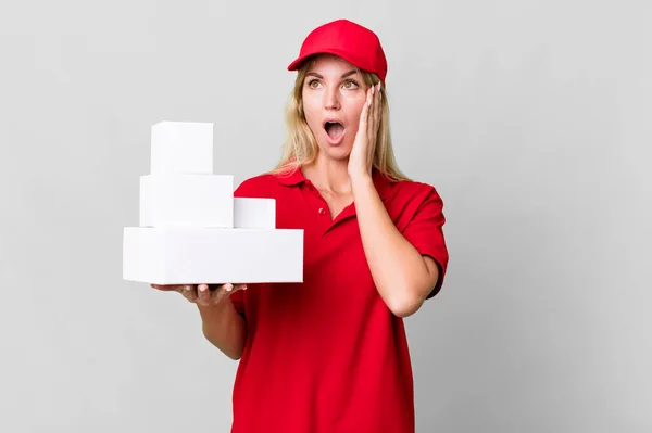Caucasian Blonde Woman Feeling Happy Excited Surprised Delivery Boxes — Stok fotoğraf