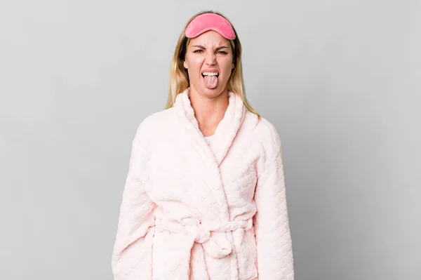 Caucasian Blonde Woman Feeling Disgusted Irritated Tongue Out Night Wear — Stock Photo, Image