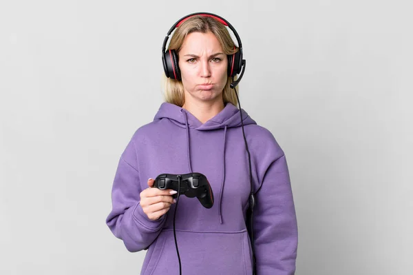 Caucasian Blonde Woman Feeling Sad Whiney Unhappy Look Crying Gamer — Foto Stock