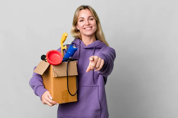 Caucasian Blonde Woman Pointing Camera Choosing You Housekeeper Concept — Foto Stock