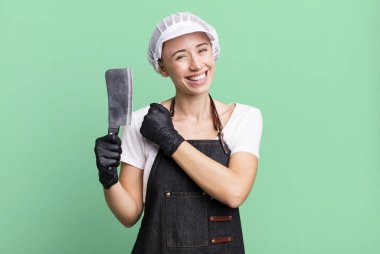 feeling happy and facing a challenge or celebrating. butcher concept