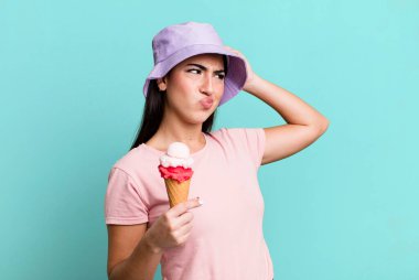 feeling puzzled and confused, scratching head. ice cream and summer concept