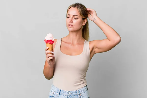 Caucasian Blonde Woman Feeling Puzzled Confused Scratching Head Ice Cream — Photo