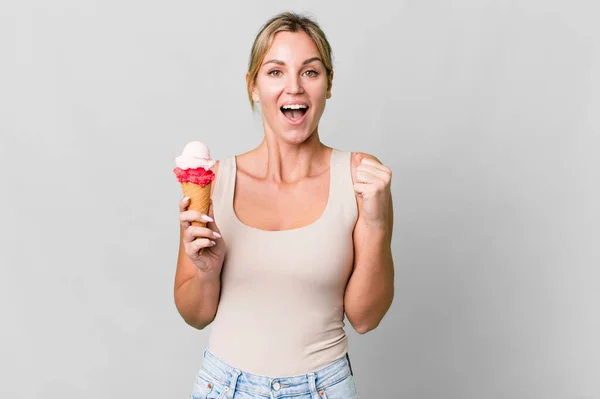 Caucasian Blonde Woman Feeling Shocked Laughing Celebrating Success Ice Cream — Zdjęcie stockowe