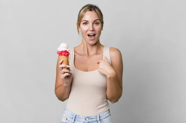 Caucasian Blonde Woman Feeling Happy Pointing Self Excited Ice Cream — Stockfoto