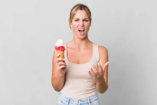 Caucasian Blonde Woman Looking Angry Annoyed Frustrated Ice Cream Concept — 图库照片