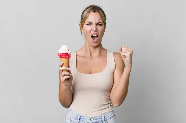 Caucasian Blonde Woman Shouting Aggressively Angry Expression Ice Cream Concept — Photo