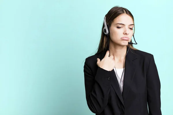Young Pretty Woman Feeling Stressed Anxious Tired Frustrated Telemarketing Agent — Stock Photo, Image